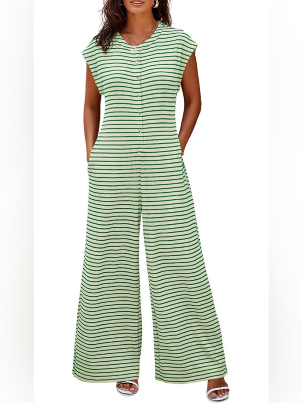 CICY BELL Women’s Sleeveless Green Stripe Wide-Leg Jumpsuit, New Size XL - Picture 2 of 16